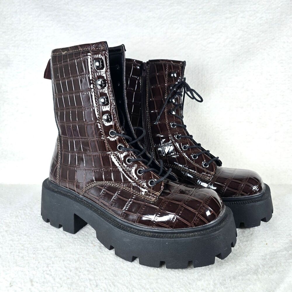 Women's Deep Purple Croc Embossed Combat Boots Square Toe Lug Sole Size 9